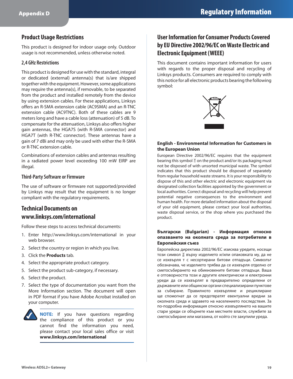 Regulatory information, Product usage restrictions | Linksys WAG54G2 User Manual | Page 22 / 33