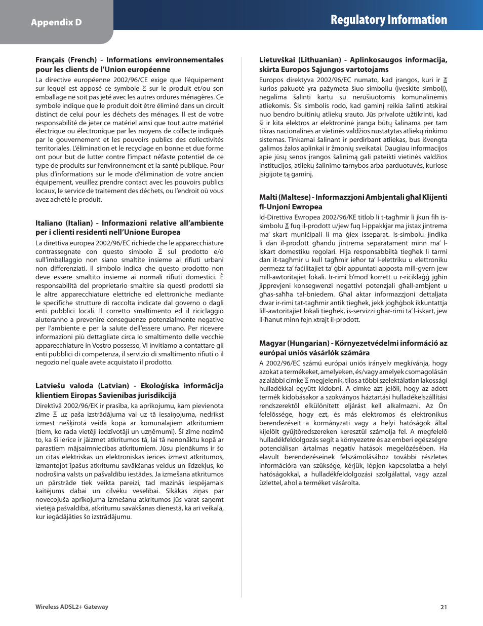 Regulatory information, Appendix d | Linksys WAG54G2 User Manual | Page 24 / 33