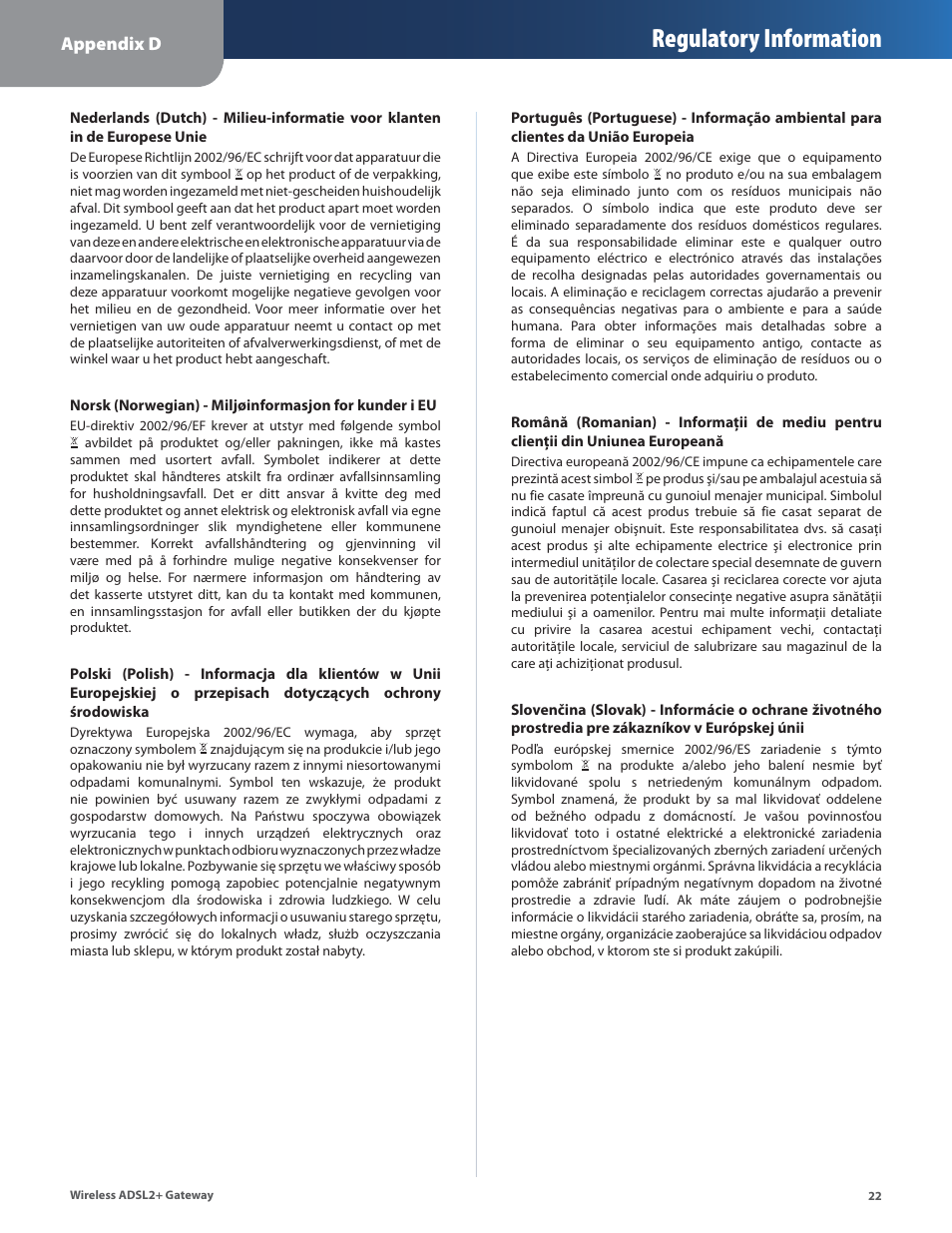 Regulatory information, Appendix d | Linksys WAG54G2 User Manual | Page 25 / 33