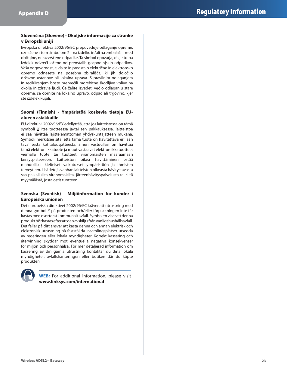 Regulatory information, Appendix d | Linksys WAG54G2 User Manual | Page 26 / 33