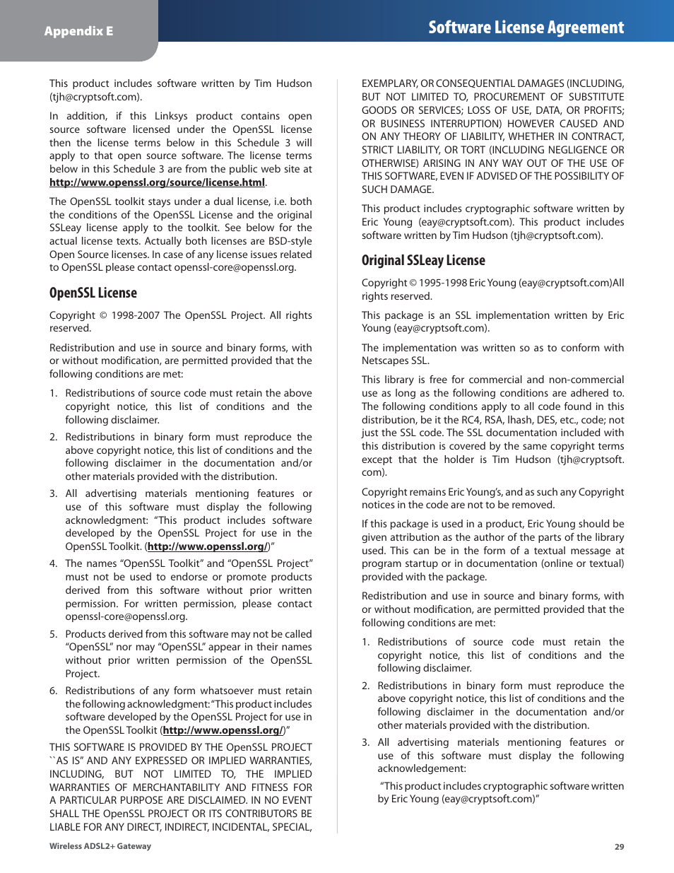 Software license agreement, Openssl license, Original ssleay license | Linksys WAG54G2 User Manual | Page 32 / 33