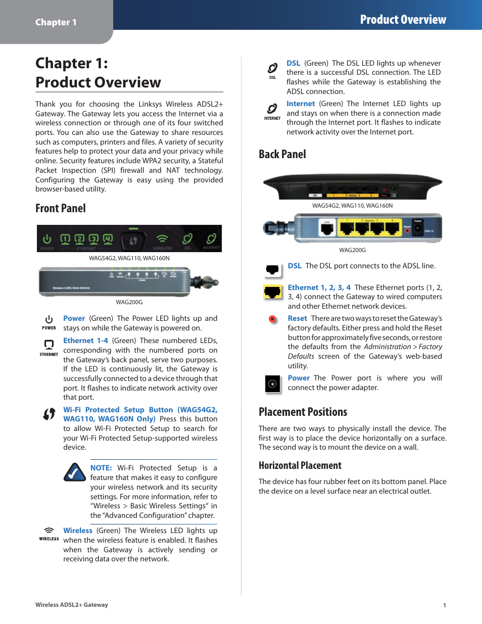 Chapter 1: product overview, Front panel, Back panel | Placement positions, Front panel back panel placement positions, Product overview, Horizontal placement | Linksys WAG54G2 User Manual | Page 4 / 33