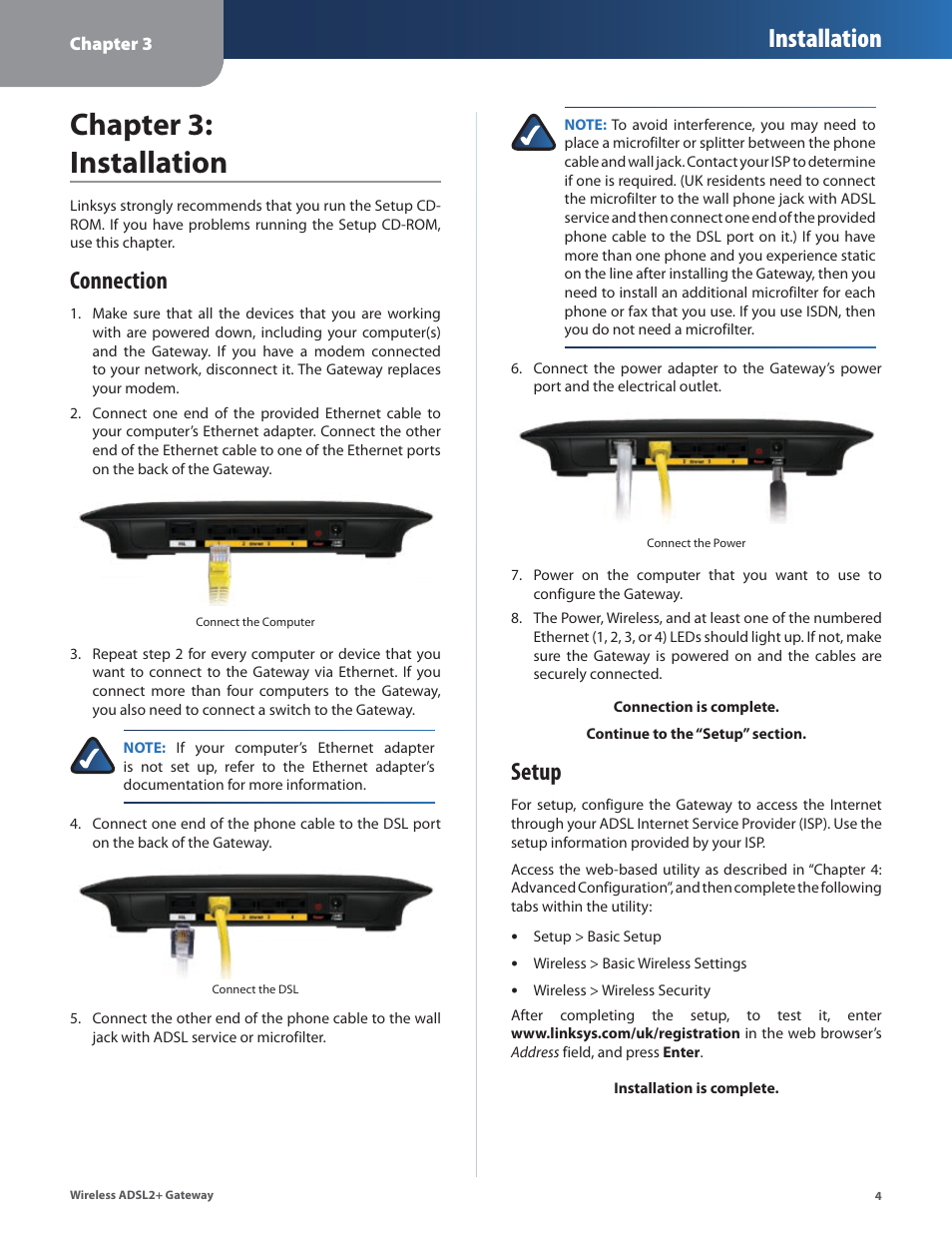 Chapter 3: installation, Connection, Setup | Connection setup, Installation | Linksys WAG54G2 User Manual | Page 7 / 33