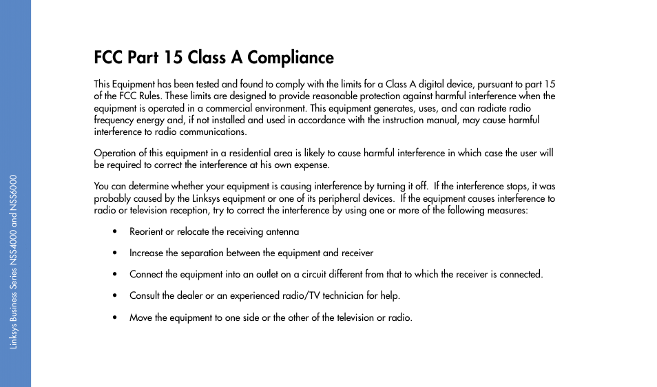 Fcc part 15 class a compliance | Linksys NSS4000 User Manual | Page 14 / 24