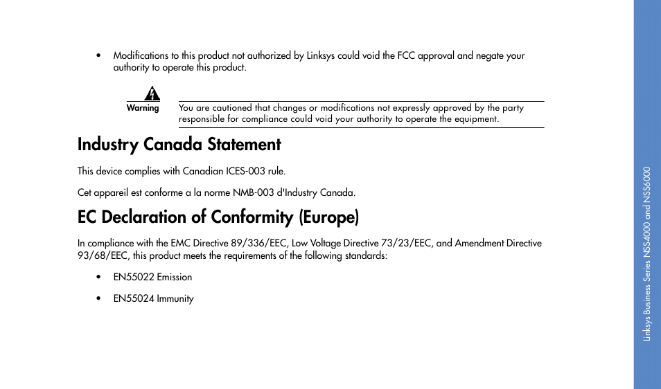 Industry canada statement, Ec declaration of conformity (europe) | Linksys NSS4000 User Manual | Page 15 / 24