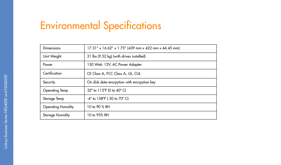 Environmental specifications | Linksys NSS4000 User Manual | Page 18 / 24