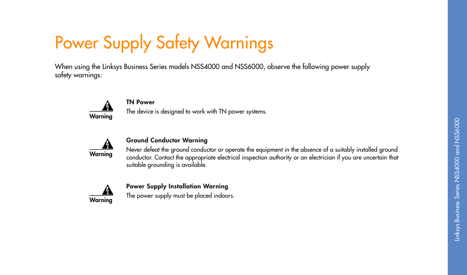 Power supply safety warnings | Linksys NSS4000 User Manual | Page 19 / 24