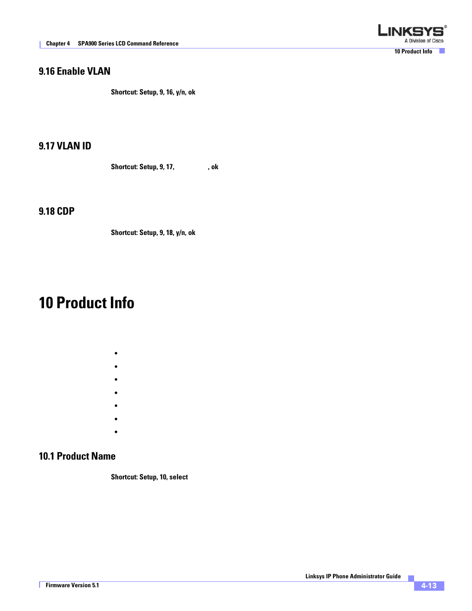 16 enable vlan, 17 vlan id, 18 cdp | 10 product info, 1 product name | Linksys SPA 900 Series User Manual | Page 100 / 165