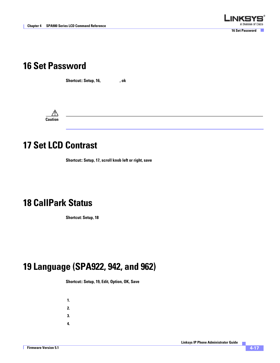 16 set password, 17 set lcd contrast, 18 callpark status | 19 language (spa922, 942, and 962) | Linksys SPA 900 Series User Manual | Page 104 / 165