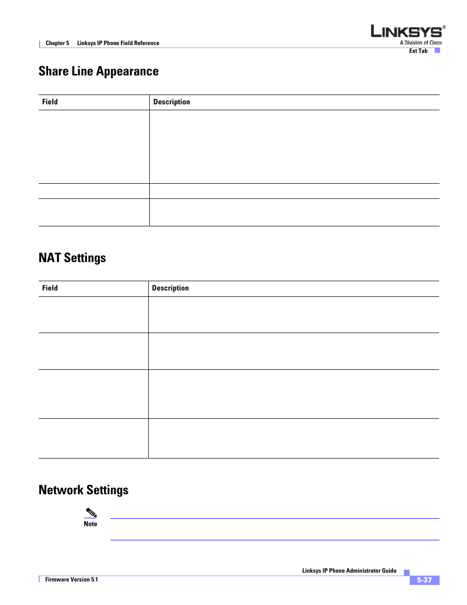 Share line appearance, Nat settings, Network settings | Linksys SPA 900 Series User Manual | Page 142 / 165