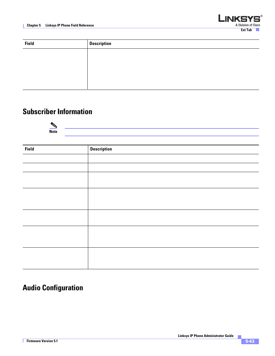 Subscriber information, Audio configuration | Linksys SPA 900 Series User Manual | Page 148 / 165