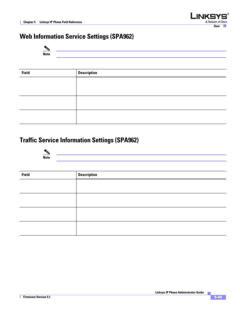 Web information service settings (spa962), Traffic service information settings (spa962) | Linksys SPA 900 Series User Manual | Page 154 / 165