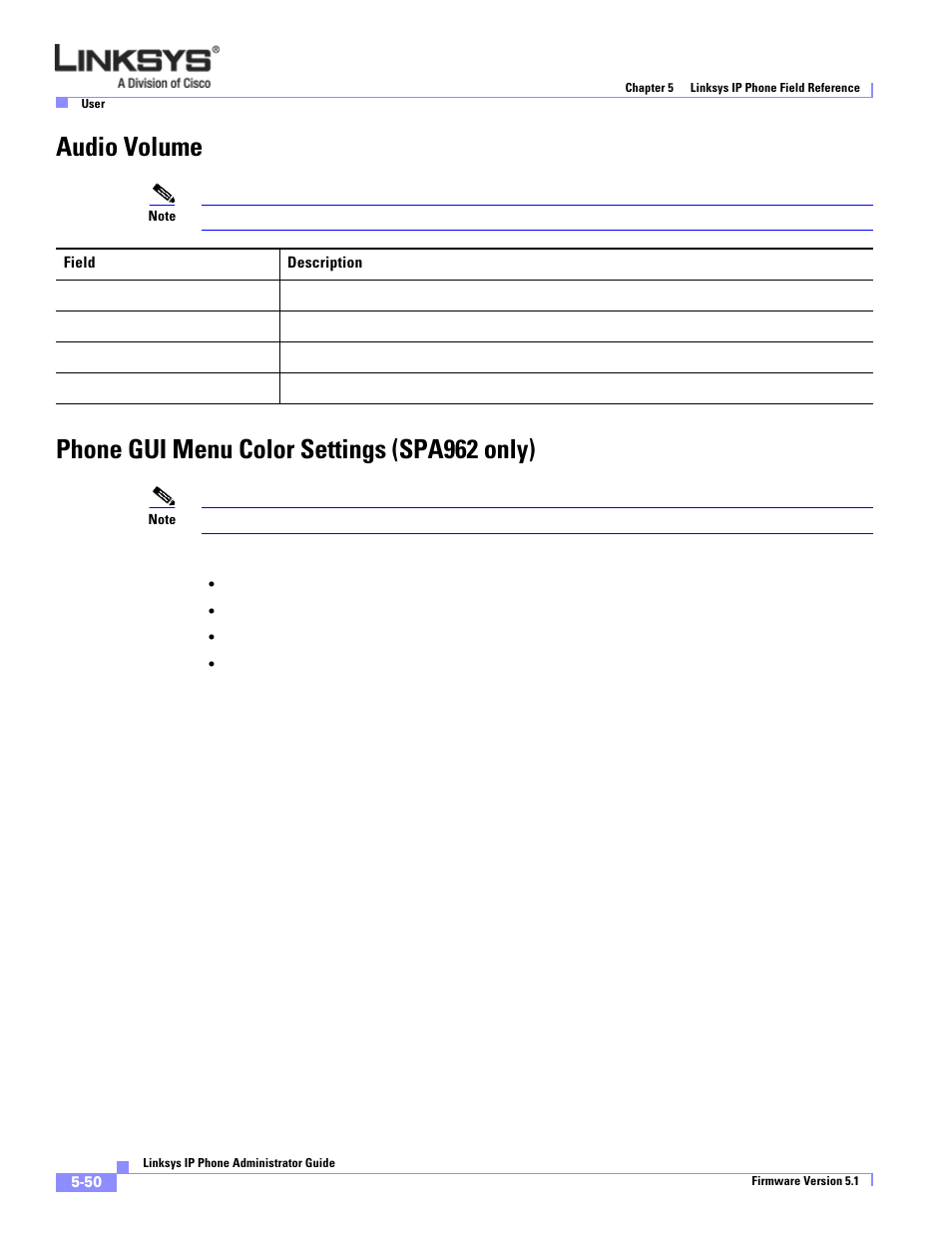 Audio volume, Phone gui menu color settings (spa962 only) | Linksys SPA 900 Series User Manual | Page 155 / 165