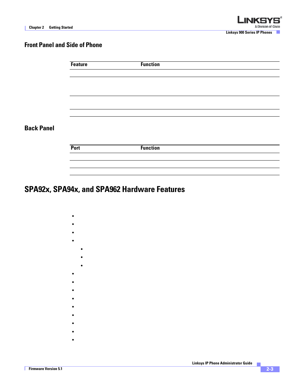 Front panel and side of phone, Back panel, Spa92x, spa94x, and spa962 hardware features | Front panel and side of phone back panel | Linksys SPA 900 Series User Manual | Page 26 / 165