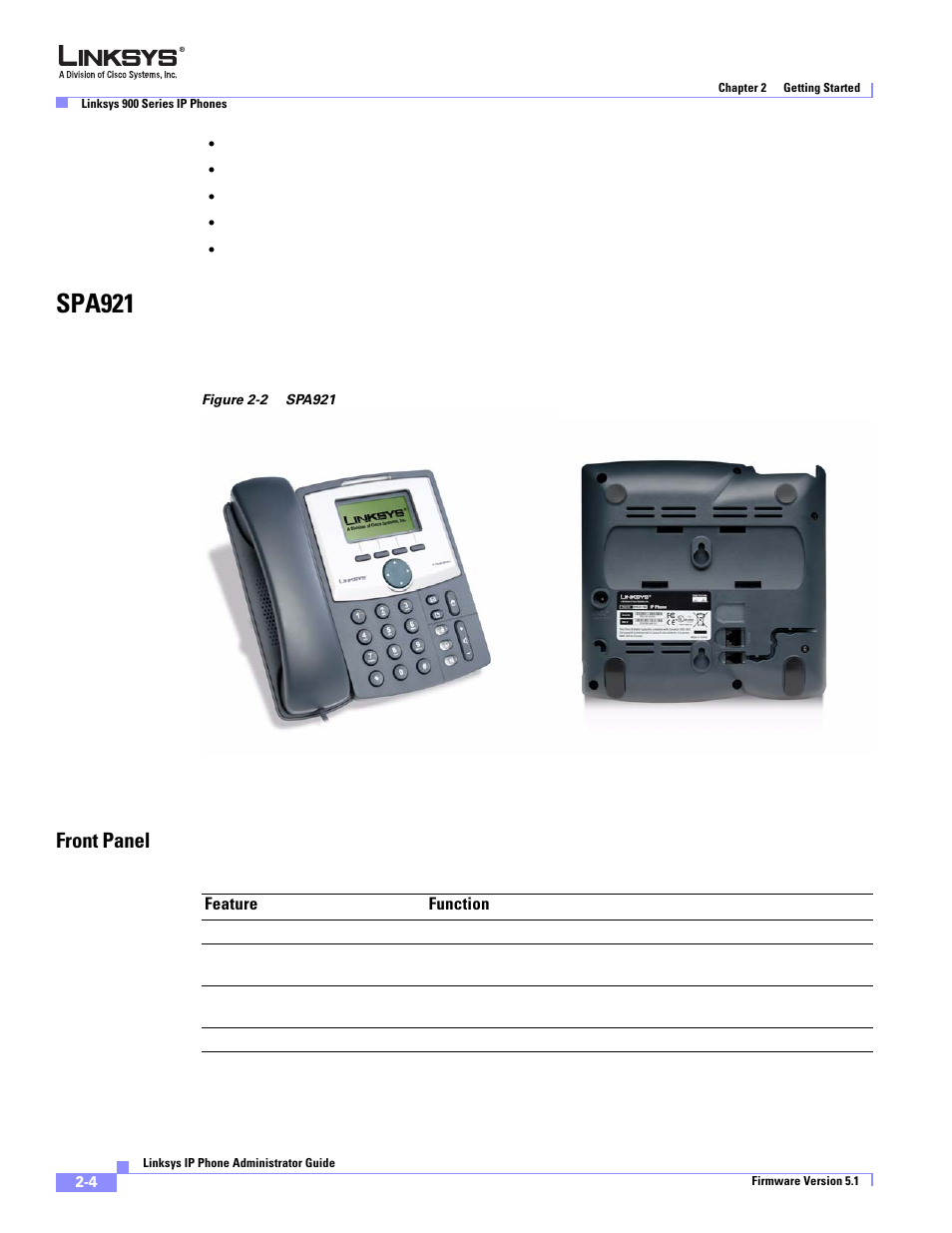 Spa921, Front panel | Linksys SPA 900 Series User Manual | Page 27 / 165