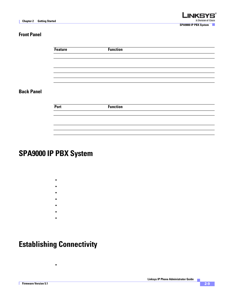 Front panel, Back panel, Spa9000 ip pbx system | Establishing connectivity, Front panel back panel | Linksys SPA 900 Series User Manual | Page 32 / 165