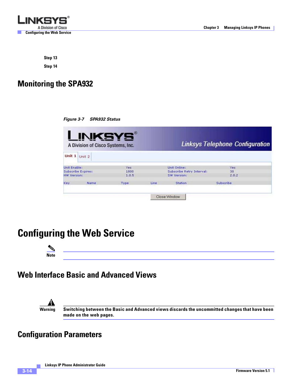 Monitoring the spa932, Configuring the web service, Web interface basic and advanced views | Configuration parameters | Linksys SPA 900 Series User Manual | Page 57 / 165