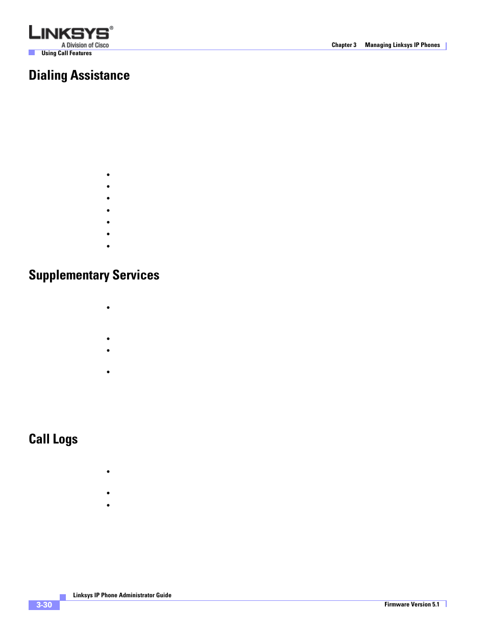 Dialing assistance, Supplementary services, Call logs | Linksys SPA 900 Series User Manual | Page 73 / 165