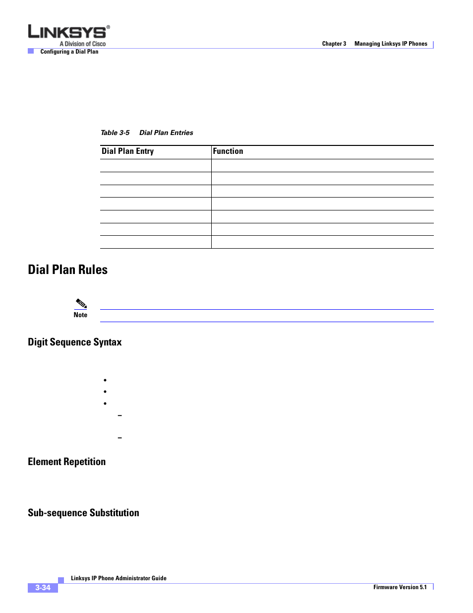 Dial plan rules, Digit sequence syntax, Element repetition | Sub-sequence substitution | Linksys SPA 900 Series User Manual | Page 77 / 165