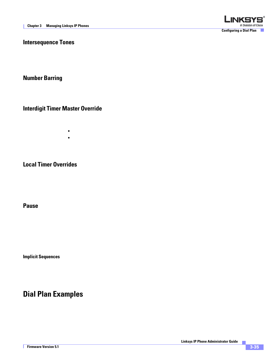 Intersequence tones, Number barring, Interdigit timer master override | Local timer overrides, Pause, Dial plan examples | Linksys SPA 900 Series User Manual | Page 78 / 165