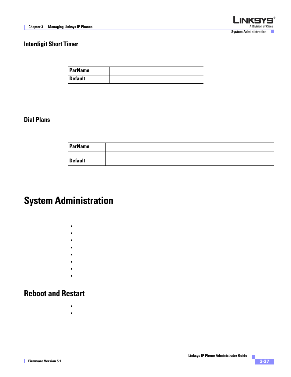 Interdigit short timer, Dial plans, System administration | Reboot and restart | Linksys SPA 900 Series User Manual | Page 80 / 165