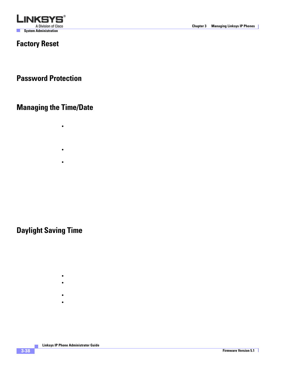 Factory reset, Password protection, Managing the time/date | Daylight saving time | Linksys SPA 900 Series User Manual | Page 81 / 165
