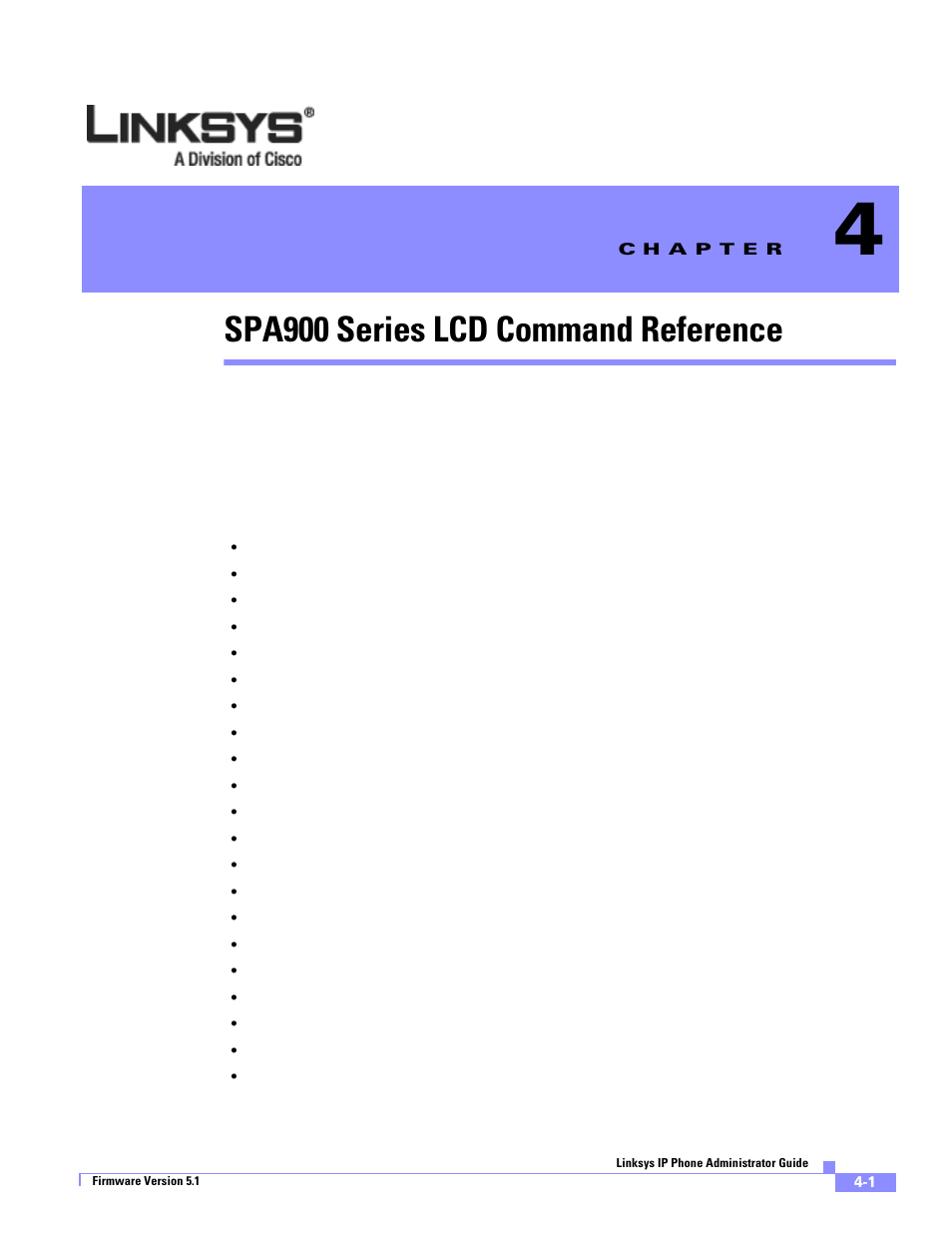 Spa900 series lcd command reference, C h a p t e r, Chapter 4, “spa900 series lcd command reference | Chapter 4, “spa900, Series lcd command reference | Linksys SPA 900 Series User Manual | Page 88 / 165