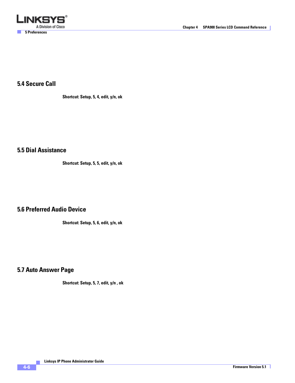 4 secure call, 5 dial assistance, 6 preferred audio device | 7 auto answer page | Linksys SPA 900 Series User Manual | Page 93 / 165