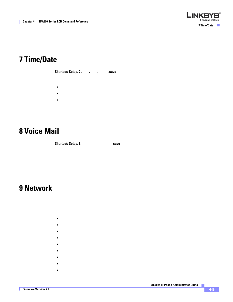 7 time/date, 8 voice mail, 9 network | Linksys SPA 900 Series User Manual | Page 96 / 165