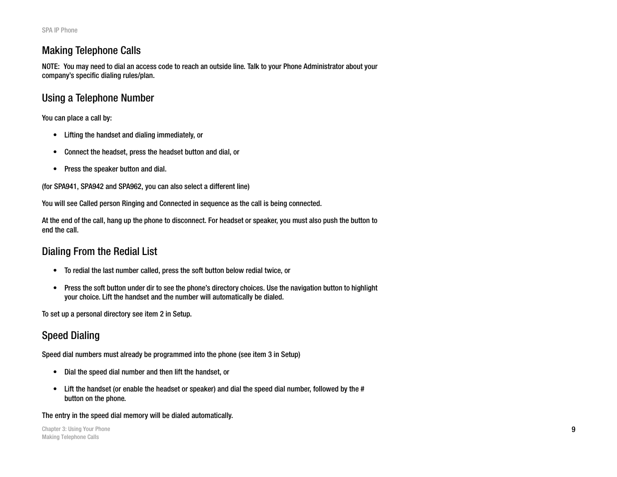 Making telephone calls, Dialing from the redial list, Speed dialing | Using a telephone number | Linksys SPA962 User Manual | Page 13 / 32