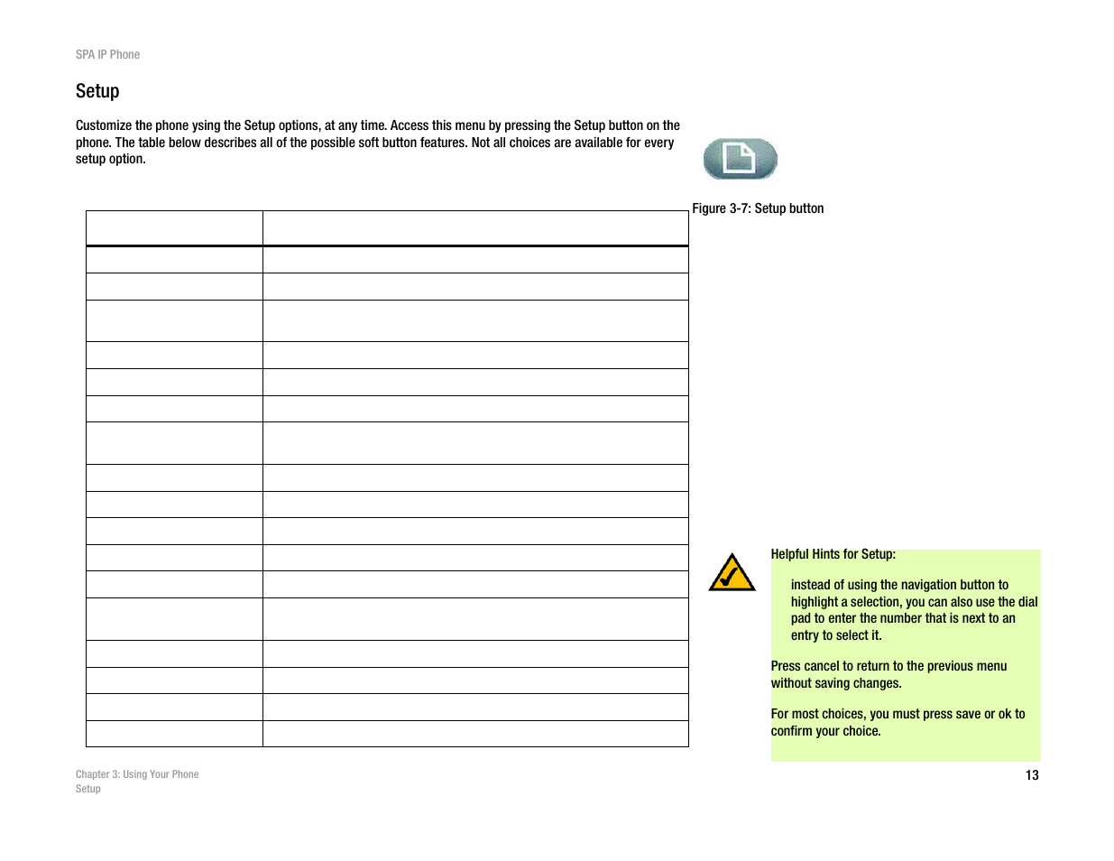 Setup, Table 3: soft button features for setup | Linksys SPA962 User Manual | Page 17 / 32