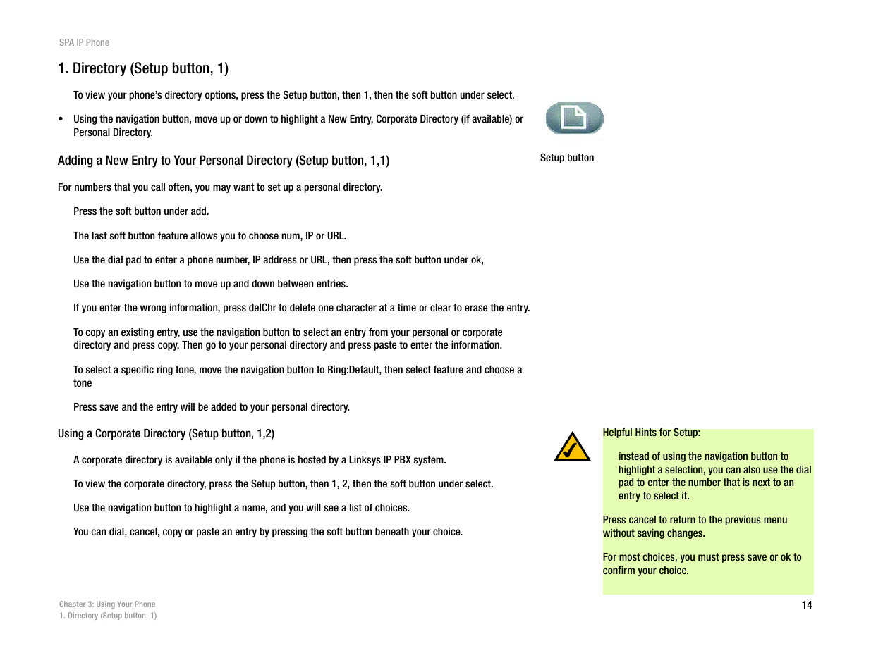 Directory (setup button, 1) | Linksys SPA962 User Manual | Page 18 / 32