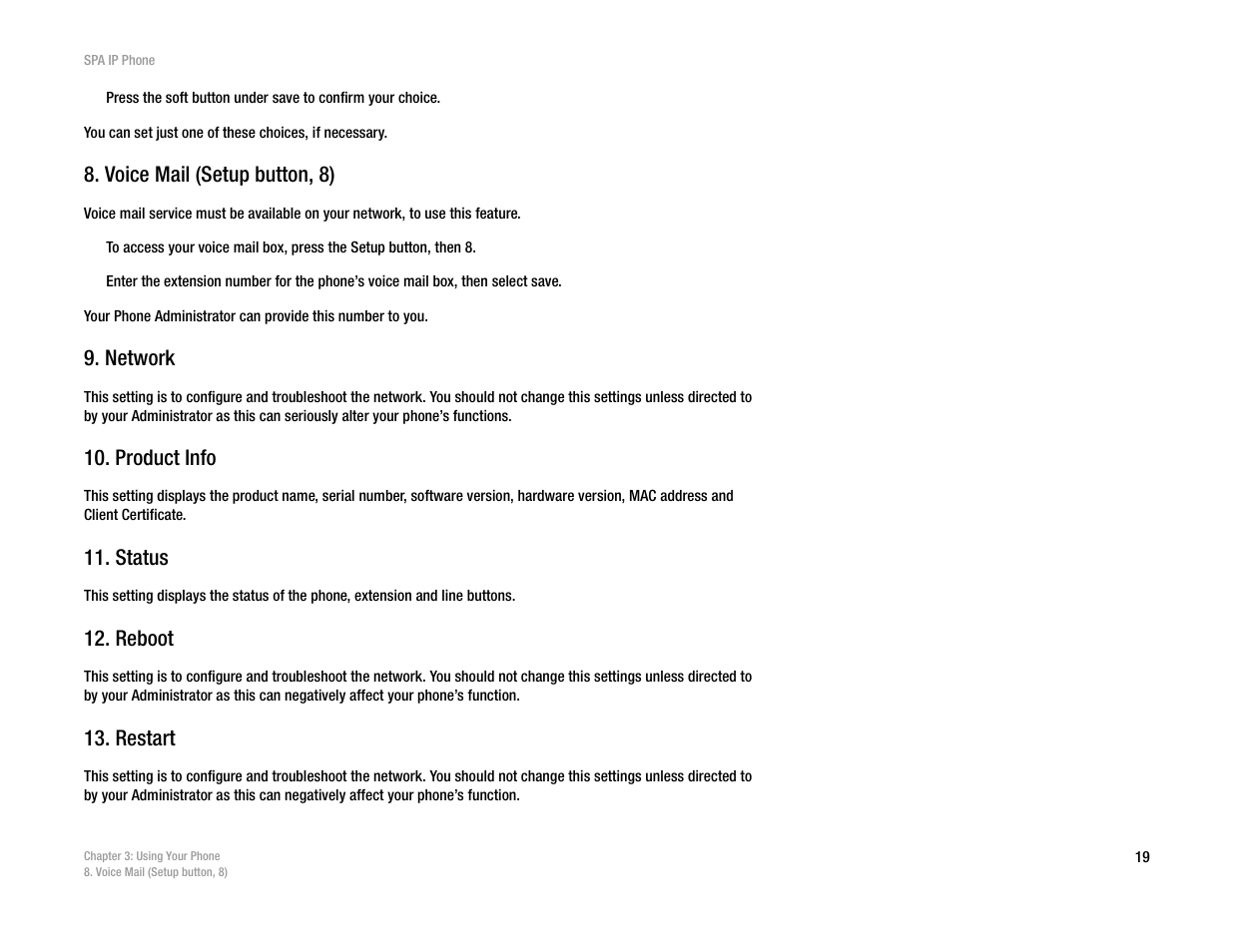 Voice mail (setup button, 8), Network, Product info | Status, Reboot, Restart | Linksys SPA962 User Manual | Page 23 / 32