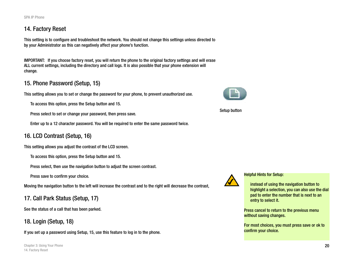 Factory reset, Phone password (setup, 15), Lcd contrast (setup, 16) | Call park status (setup, 17), Login (setup, 18) | Linksys SPA962 User Manual | Page 24 / 32