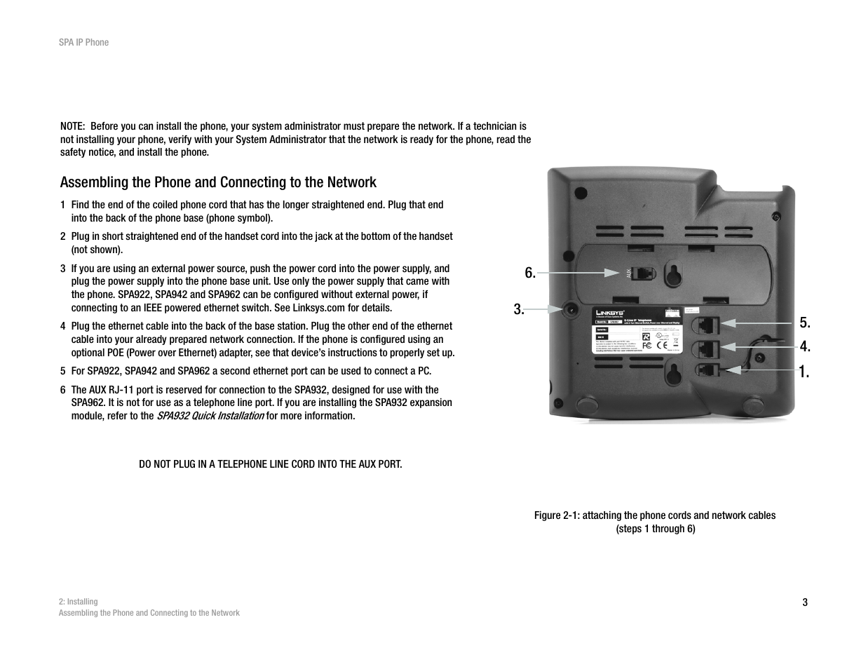 Chapter 2: installing, Assembling the phone and connecting to the network | Linksys SPA962 User Manual | Page 7 / 32