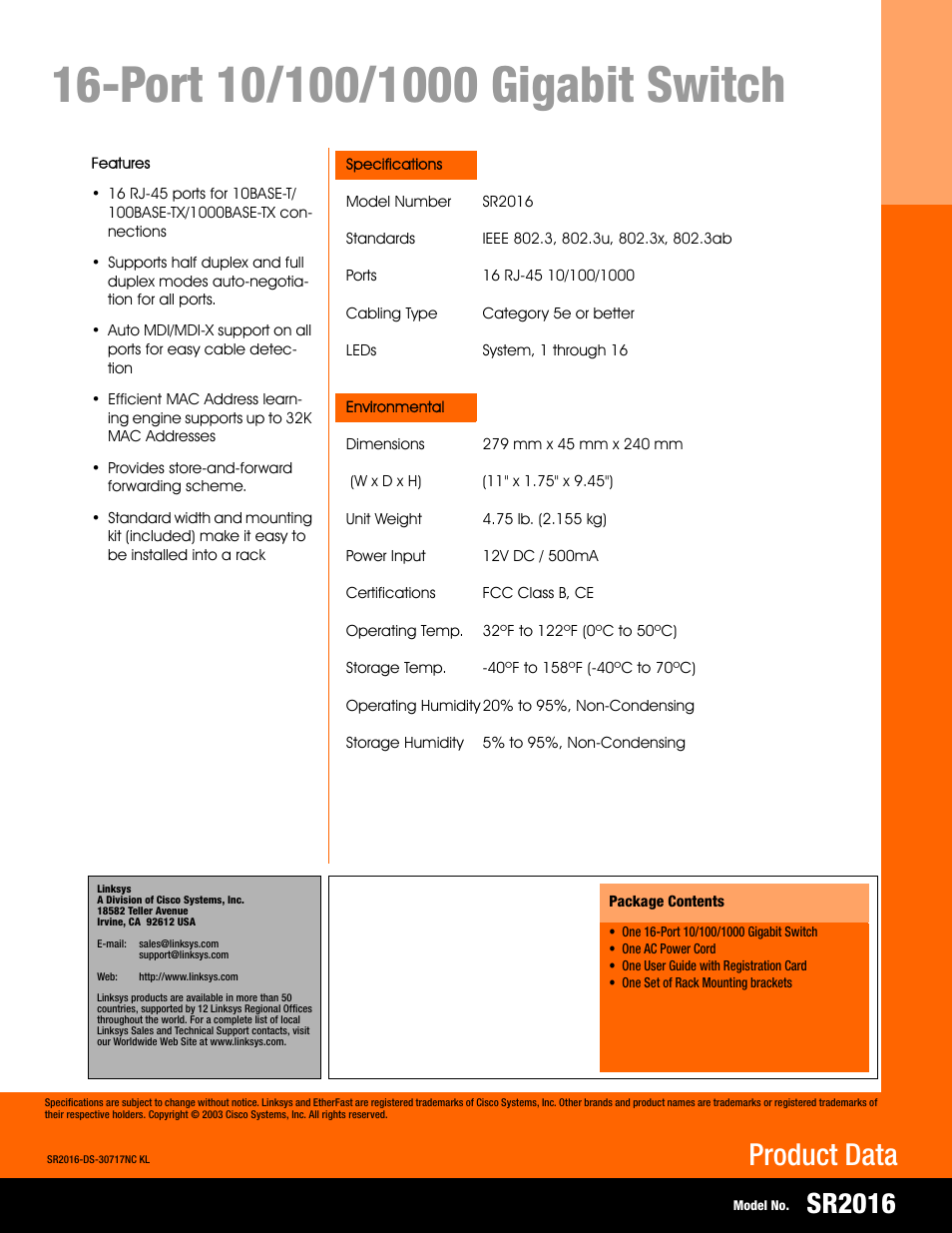 Product data, Sr2016 | Linksys SR2016 User Manual | Page 2 / 2
