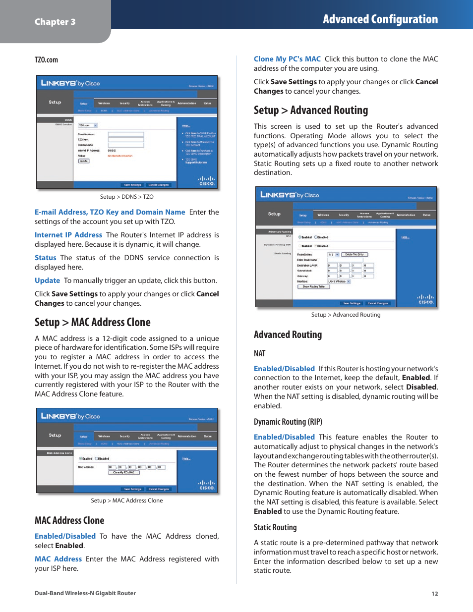 Setup > mac address clone, Setup > advanced routing, Setup > mac address clone setup > advanced routing | Advanced configuration, Mac address clone, Advanced routing | Linksys Dual-Band Wireless-N Gigabit Router WRT320N User Manual | Page 13 / 54