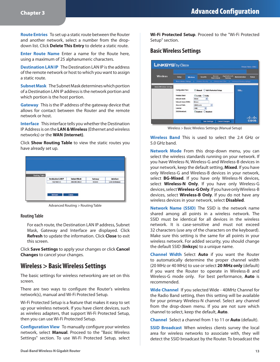 Wireless > basic wireless settings, Advanced configuration, Basic wireless settings | Linksys Dual-Band Wireless-N Gigabit Router WRT320N User Manual | Page 14 / 54