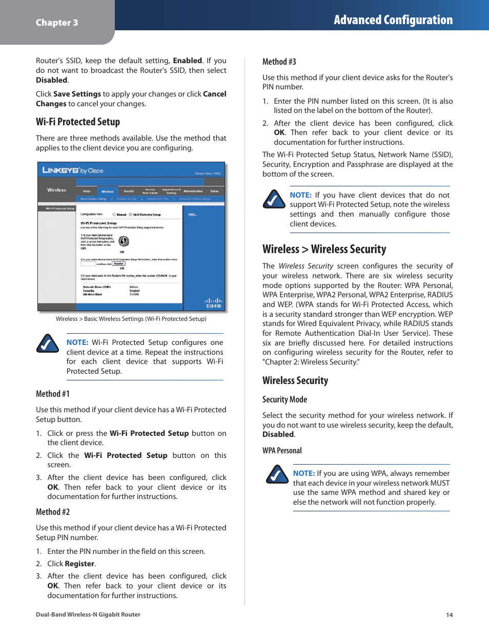 Wireless > wireless security, Advanced configuration, Wi-fi protected setup | Wireless security | Linksys Dual-Band Wireless-N Gigabit Router WRT320N User Manual | Page 15 / 54