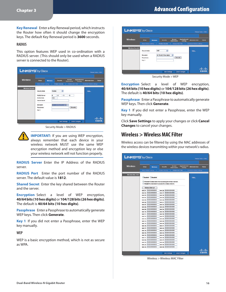 Wireless > wireless mac filter, Advanced configuration | Linksys Dual-Band Wireless-N Gigabit Router WRT320N User Manual | Page 17 / 54