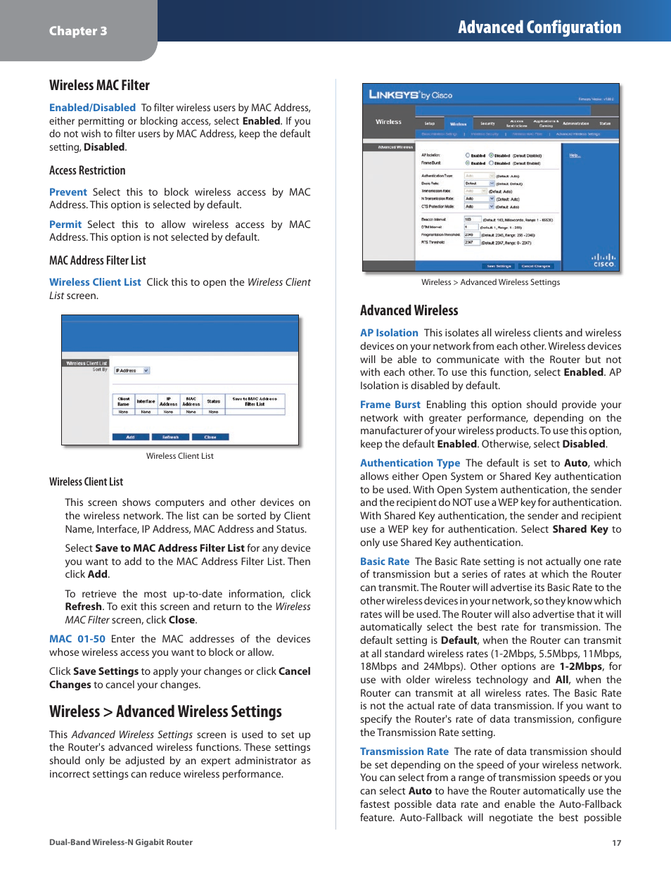 Wireless > advanced wireless settings, Advanced configuration, Wireless mac filter | Advanced wireless | Linksys Dual-Band Wireless-N Gigabit Router WRT320N User Manual | Page 18 / 54