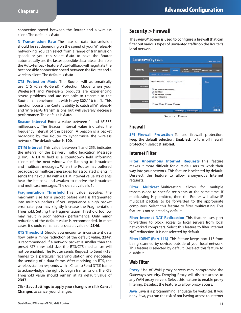 Security > firewall, Advanced configuration, Firewall | Internet filter, Web filter | Linksys Dual-Band Wireless-N Gigabit Router WRT320N User Manual | Page 19 / 54