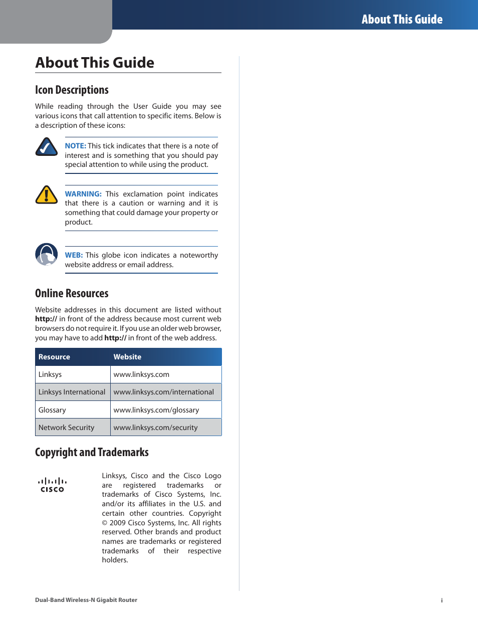 About this guide, Icon descriptions, Online resources | Copyright and trademarks | Linksys Dual-Band Wireless-N Gigabit Router WRT320N User Manual | Page 2 / 54