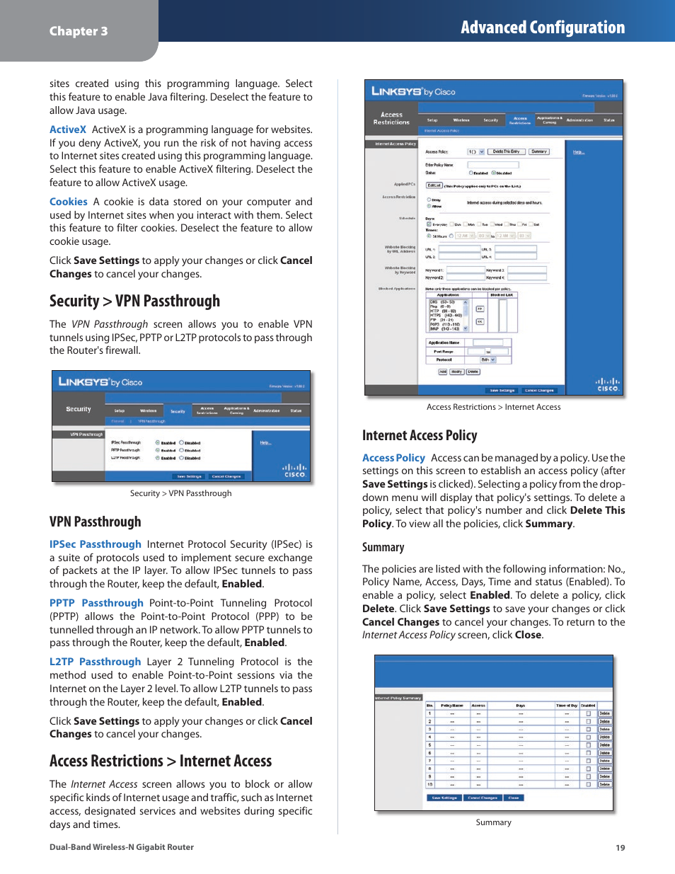 Security > vpn passthrough, Access restrictions > internet access, Advanced configuration | Vpn passthrough, Internet access policy | Linksys Dual-Band Wireless-N Gigabit Router WRT320N User Manual | Page 20 / 54