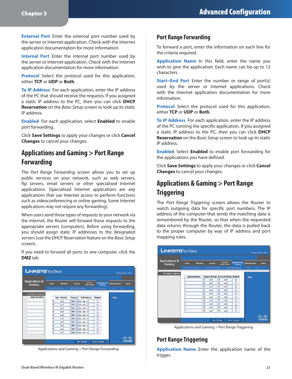 Applications and gaming > port range forwarding, Applications & gaming > port range triggering, Advanced configuration | Port range forwarding, Port range triggering | Linksys Dual-Band Wireless-N Gigabit Router WRT320N User Manual | Page 22 / 54