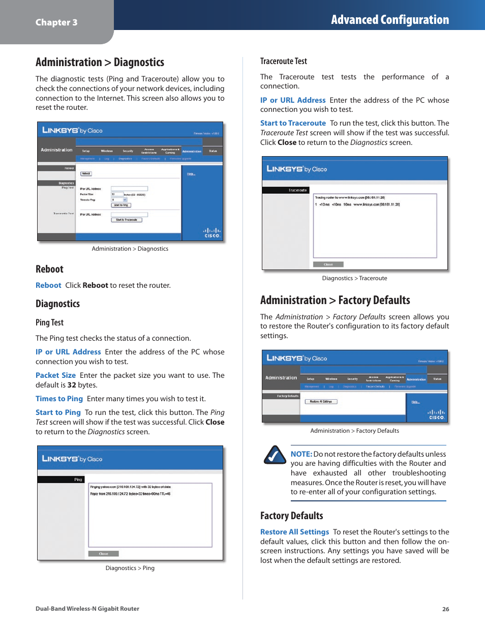 Administration > diagnostics, Administration > factory defaults, Advanced configuration | Reboot, Diagnostics, Factory defaults | Linksys Dual-Band Wireless-N Gigabit Router WRT320N User Manual | Page 27 / 54
