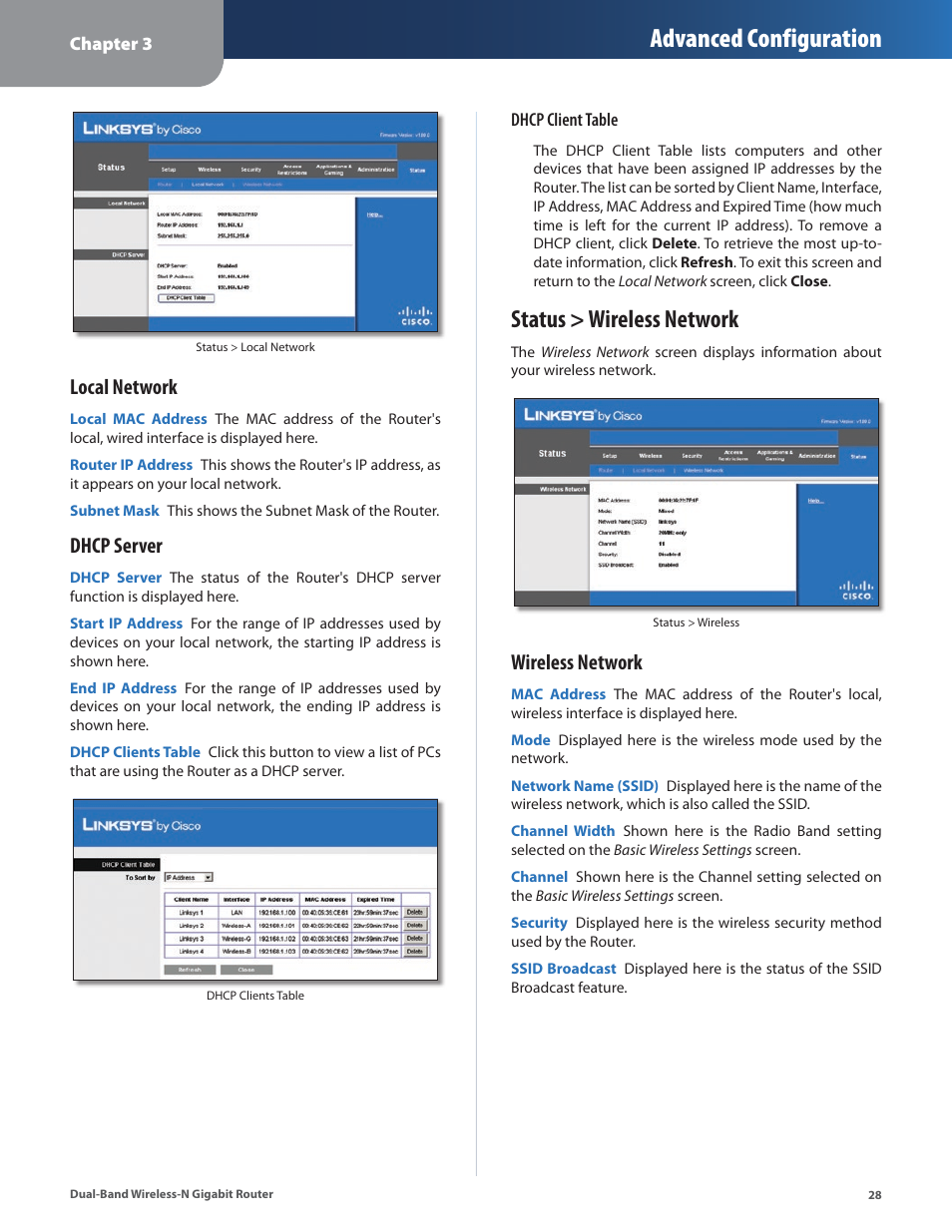 Status > wireless network, Advanced configuration, Local network | Dhcp server, Wireless network | Linksys Dual-Band Wireless-N Gigabit Router WRT320N User Manual | Page 29 / 54