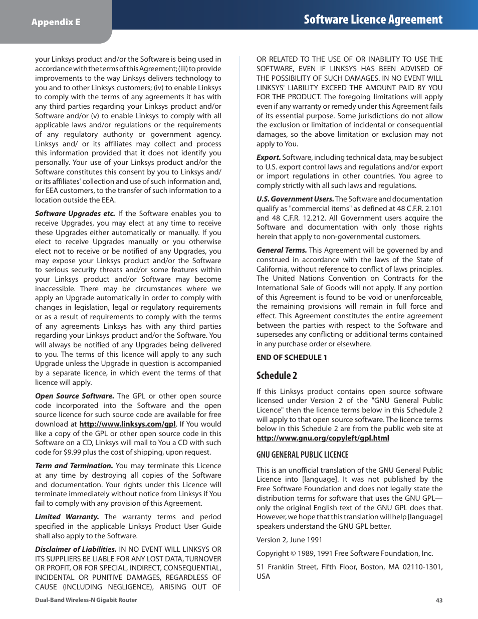 Software licence agreement, Schedule 2 | Linksys Dual-Band Wireless-N Gigabit Router WRT320N User Manual | Page 44 / 54