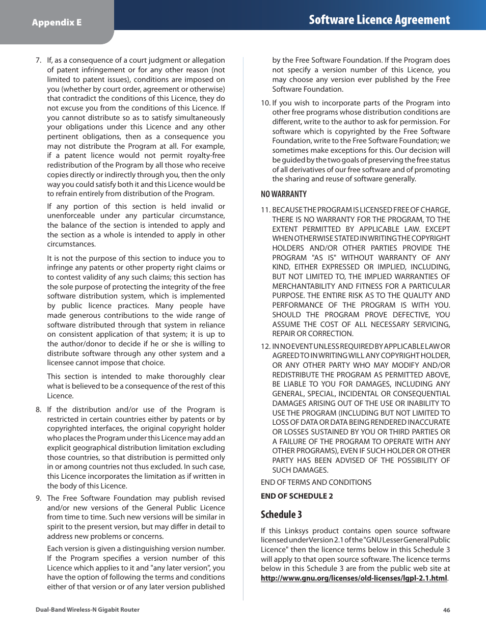 Software licence agreement, Schedule 3 | Linksys Dual-Band Wireless-N Gigabit Router WRT320N User Manual | Page 47 / 54