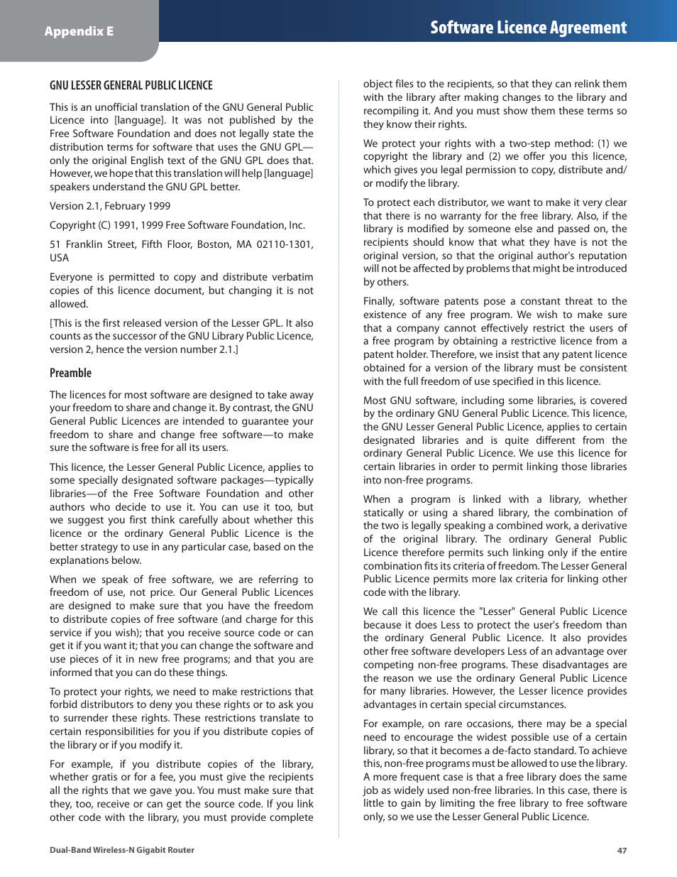 Software licence agreement | Linksys Dual-Band Wireless-N Gigabit Router WRT320N User Manual | Page 48 / 54